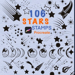 May include: A digital illustration of 106 star stamps for Procreate. The image features a variety of stars, including shooting stars, twinkling stars, and simple stars. The stars are black on a light blue background.