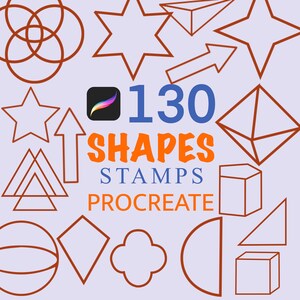 K&ouml;nnte beinhalten: 130 Shapes Stamps Procreate - Eine digitale Illustration von 130 verschiedenen Formen, darunter Sterne, Pfeile, Kreise, Quadrate und mehr. Die Formen sind in Braun umrandet und befinden sich auf einem hellvioletten Hintergrund. Der Text "130 Shapes Stamps Procreate" befindet sich in der Mitte des Bildes.