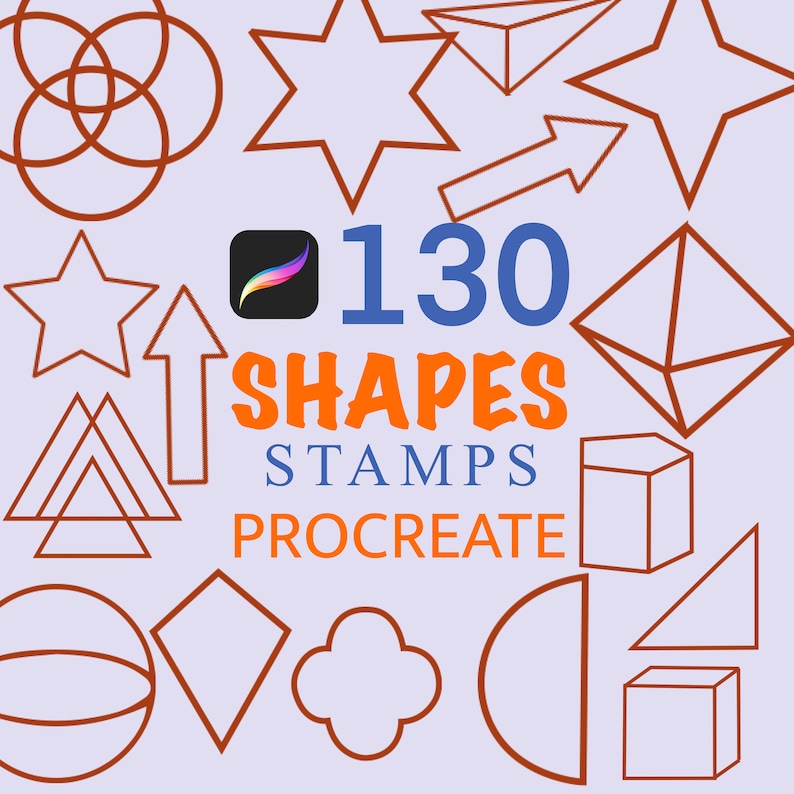 K&ouml;nnte beinhalten: 130 Shapes Stamps Procreate - Eine digitale Illustration von 130 verschiedenen Formen, darunter Sterne, Pfeile, Kreise, Quadrate und mehr. Die Formen sind in Braun umrandet und befinden sich auf einem hellvioletten Hintergrund. Der Text "130 Shapes Stamps Procreate" befindet sich in der Mitte des Bildes.