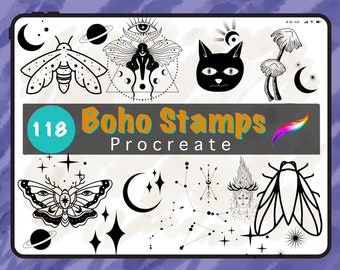 118 Boho Celestial Procreate Briefmarken: Mond, Witchcraft, Tattoo (Pinselset)
