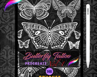 May include: A digital illustration of 146 butterfly tattoo brushes for Procreate. The brushes are black and white and feature intricate designs.