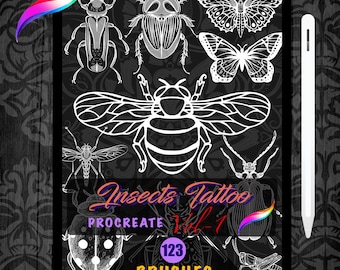 May include: A set of 123 Procreate brushes featuring black and white illustrations of insects, including a bee, butterfly, beetle, and dragonfly. The text "Insects Tattoo Vol. 1" is displayed on the image.