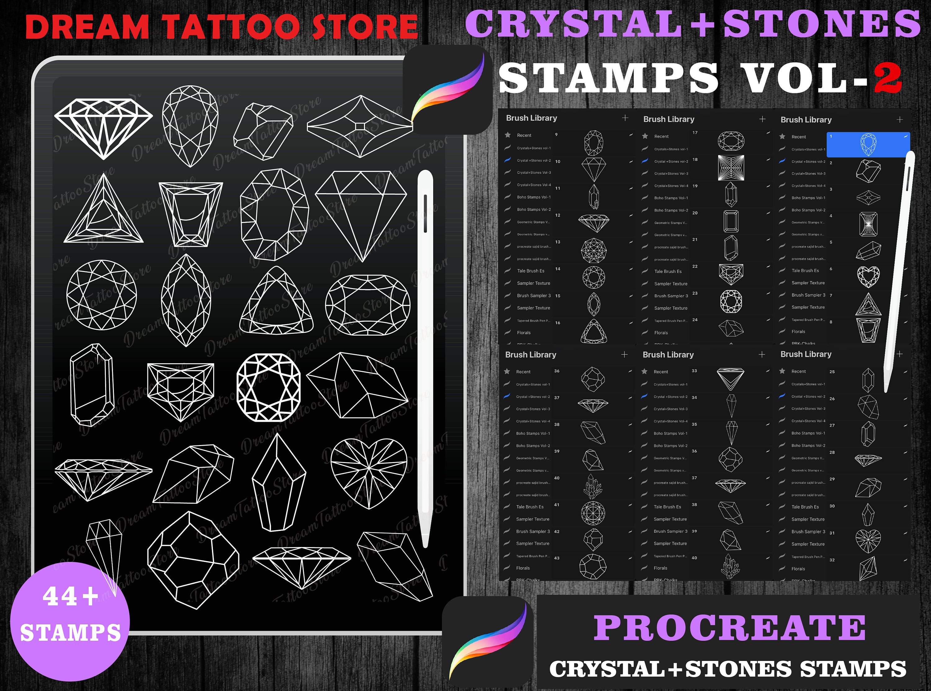44 carimbos Procreate de cristais e gemas para iPad — Pedras, gemas, contas Pincéis para tatuagem e ilustração