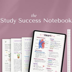 Puede incluir: Una tableta digital que muestra una página de estudio titulada Heart con diagramas anatómicos y texto, junto a tres hojas de estudio impresas y una regla blanca con medidas en cm, sobre un fondo de color malva sólido.