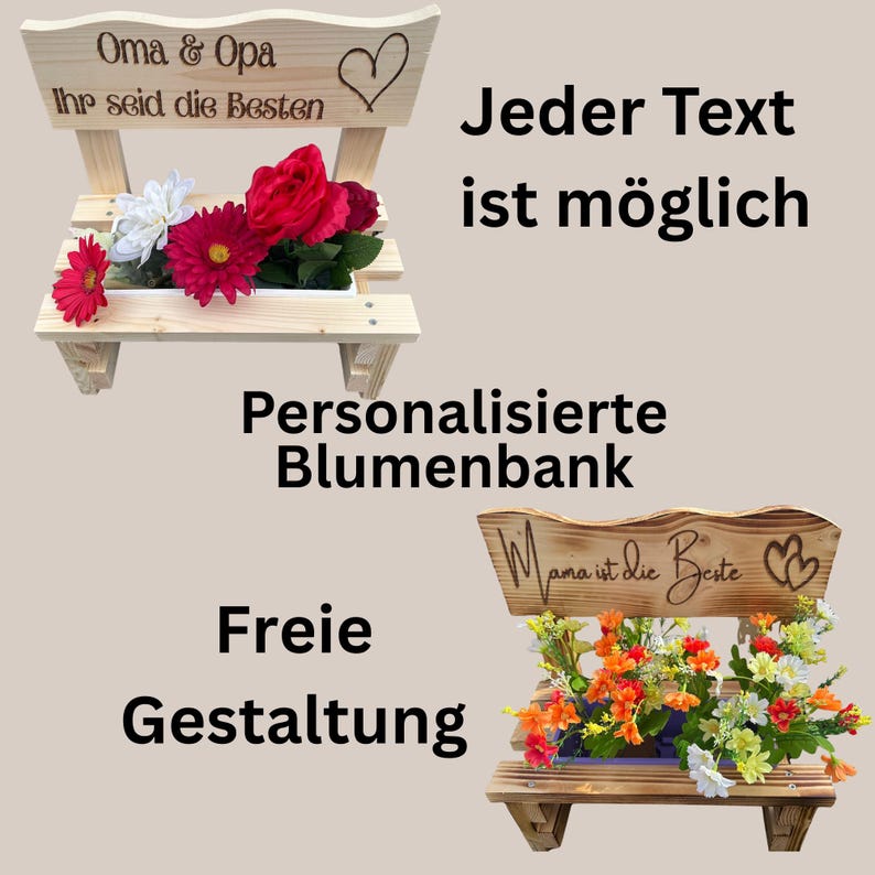 K&ouml;nnte beinhalten: Blumenbank aus Holz mit Bankdesign, mit dem Text "Oma & Opa Ihr seid die Besten" und "Mama ist die Beste". Die B&auml;nke sind mit bunten Blumen gef&uuml;llt. Das Bild enth&auml;lt auch den Text "Jeder Text ist m&ouml;glich", "Personalisierte Blumenbank" und "Freie Gestaltung".