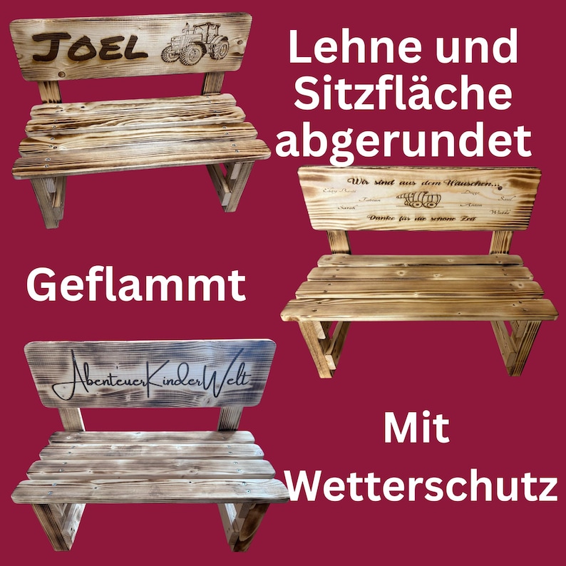 May include: Wooden benches with engraved text and designs. One bench has "JOEL" and a tractor illustration. Another says "Abenteuer Kinder Welt". The benches are made of wood and have a rustic, weathered appearance. The text "Geflammt" is also visible.
