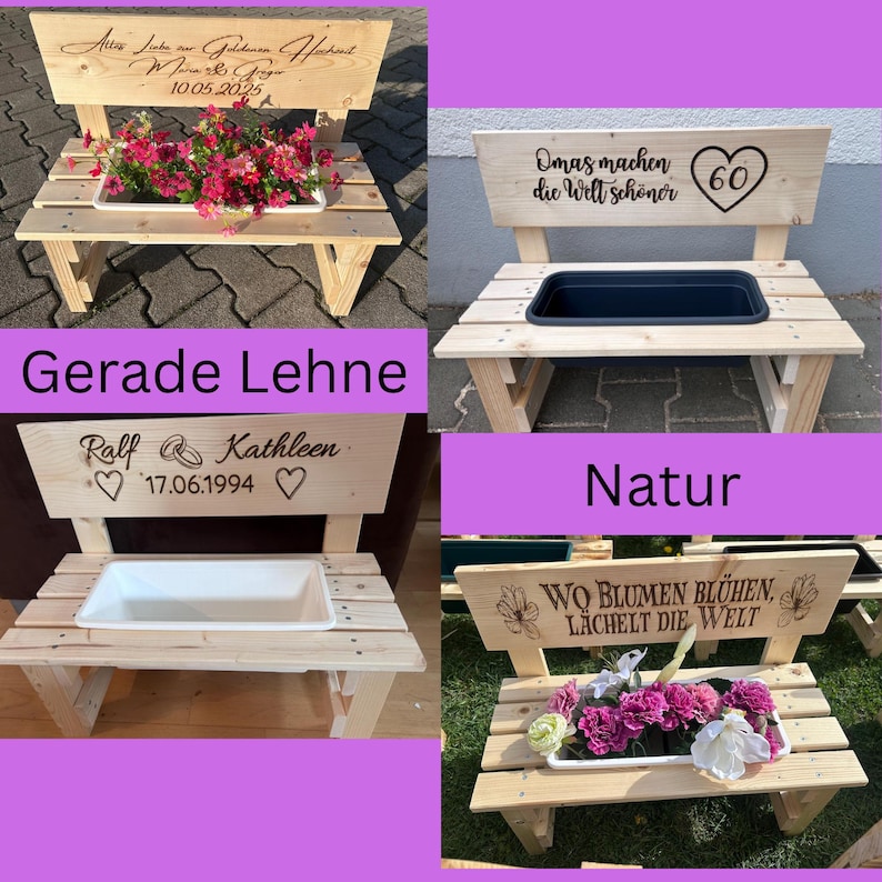 Blumenbank aus massivem Holz mit glatter Oberfläche und stabiler Konstruktion, handgefertigt und personalisierbar