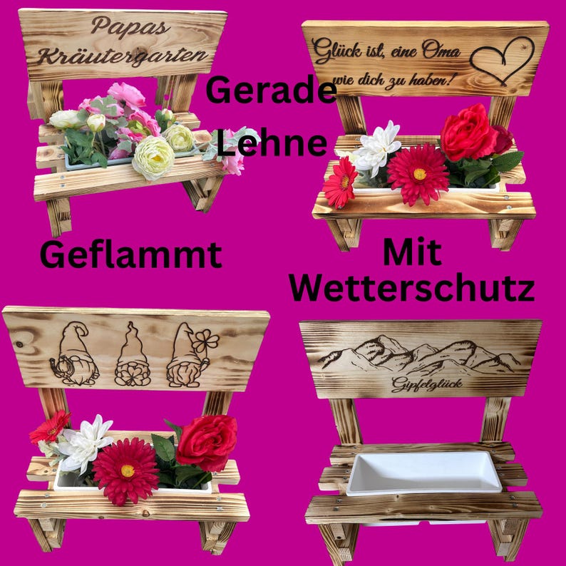 K&ouml;nnte beinhalten: Vier Holzbank-Pflanzgef&auml;&szlig;e mit verschiedenen Designs und Texten. Eines tr&auml;gt die Aufschrift "Papas Kr&auml;utergarten", ein anderes "Gl&uuml;ck ist, eine Oma wie dich zu haben!", ein drittes zeigt Zwerge und das letzte Berge. Jedes enth&auml;lt Blumen.