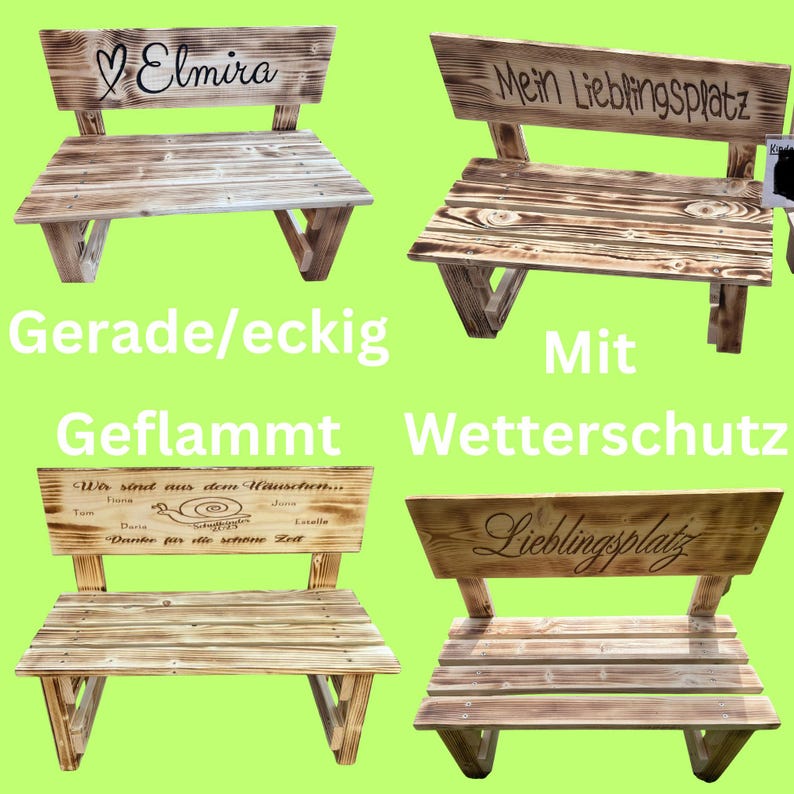 May include: Four wooden benches with various engraved texts. The benches are made of light brown wood with a rustic finish. The text on the benches includes "Elmira", "Mein Lieblingsplatz", and "Lieblingsplatz". The benches are displayed against a green background.