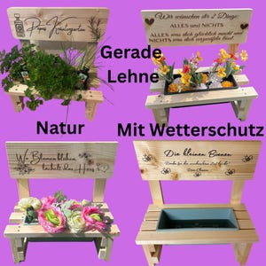 K&ouml;nnte beinhalten: Pflanzb&auml;nke aus Holz mit verschiedenen Designs und Texten. Eine Bank hat den Text "Papa's Kr&auml;utergarten" und Kr&auml;uter. Eine andere hat den Text "Wir w&uuml;nschen dir 2 Dinge" und Blumen. Eine dritte Bank hat den Text "W. Blumen bl&uuml;hen" und rosa Blumen. Die letzte Bank hat den Text "Die kleinen Bienen".