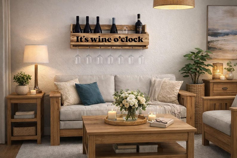 Puede incluir: Un botellero de madera con el texto "It's wine o'clock" sostiene botellas y copas de vino. El botellero est&aacute; sobre un sof&aacute; con cojines. Una mesa de centro con velas y flores completa la escena.