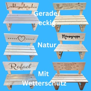 May include: A collection of small wooden benches with various engraved designs and text on the backrests. The benches are made of light-colored wood and feature a slatted seat design. Some benches have text that reads "Lieblingspl&auml;tzchen", "Rafael", and "M&auml;usegruppe".