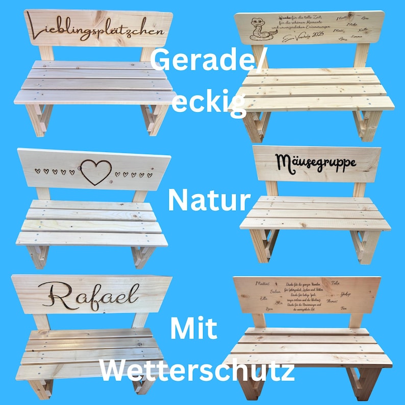 May include: A collection of small wooden benches with various engraved designs and text on the backrests. The benches are made of light-colored wood and feature a slatted seat design. Some benches have text that reads "Lieblingspl&auml;tzchen", "Rafael", and "M&auml;usegruppe".