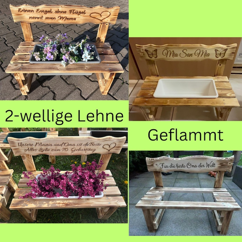 Holz-Blumenbank mit Blumentöpfen dekoriert im Garten, personalisiertes Geschenk für Gartenliebhaber