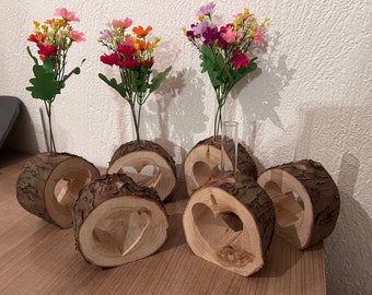 Holzvase Reagenzglas Herzvase Holz Herz Valentinstag Hochzeit Holzdeko Liebe