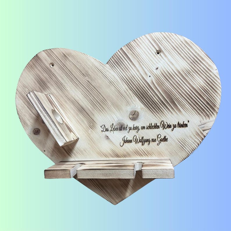 Personalized wooden wine rack – hanging rack for 1 wine bottle & 2 glasses – natural or flamed – with wall bracket – for wine lovers image 6