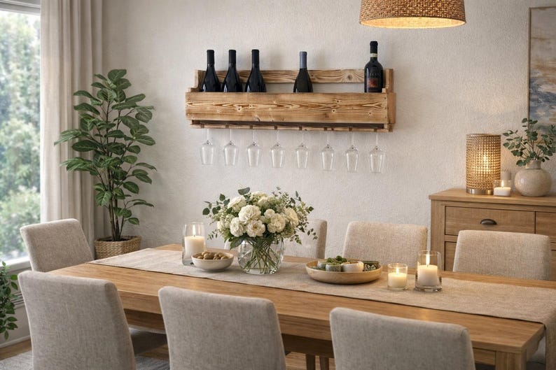 Puede incluir: Un comedor con una mesa de madera preparada para una comida. Una estanter&iacute;a de vino de madera contiene botellas y copas de vino. Un jarr&oacute;n con flores blancas est&aacute; sobre la mesa, junto con velas y objetos decorativos. Una planta grande est&aacute; en el fondo.