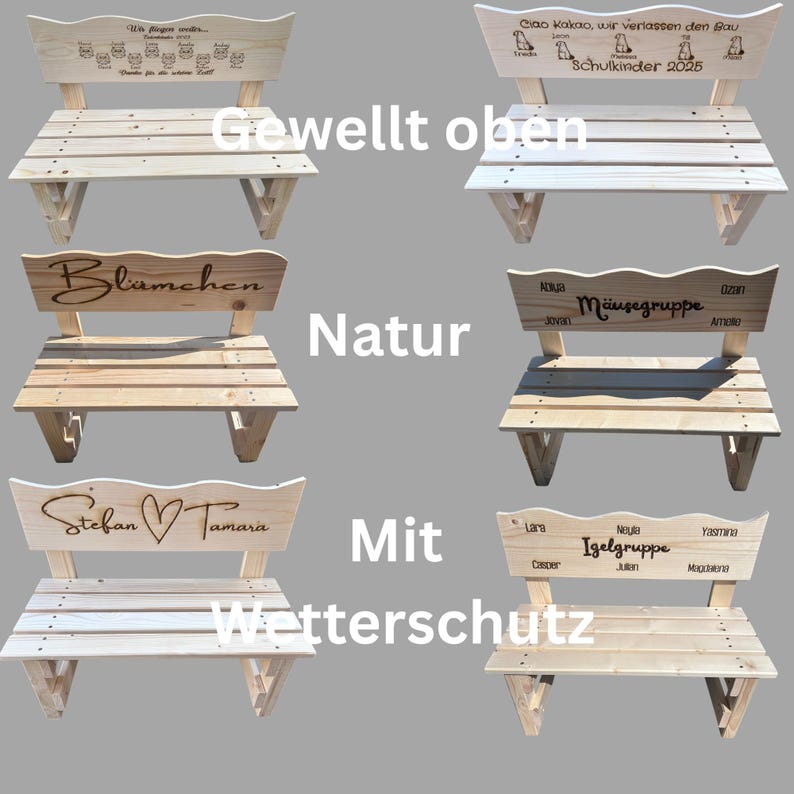 May include: Wooden benches with curved backs, featuring engraved text and designs. The benches are made of light-colored wood and have a natural finish. Some benches have names and dates, while others have phrases.