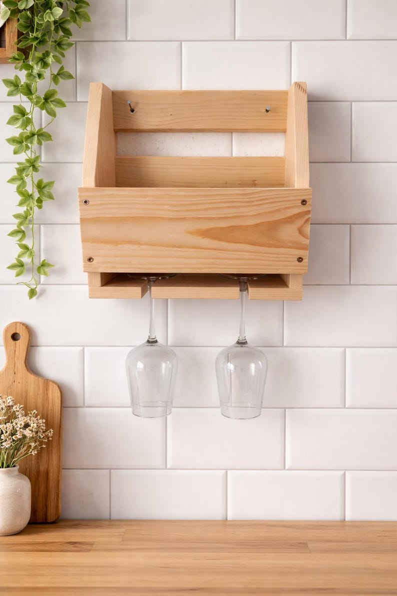 Puede incluir: Un botellero de madera natural con dos copas de vino colgando debajo. El estante est&aacute; montado en una pared de azulejos blancos. Una tabla de cortar de madera y un jarr&oacute;n con flores est&aacute;n en la encimera.