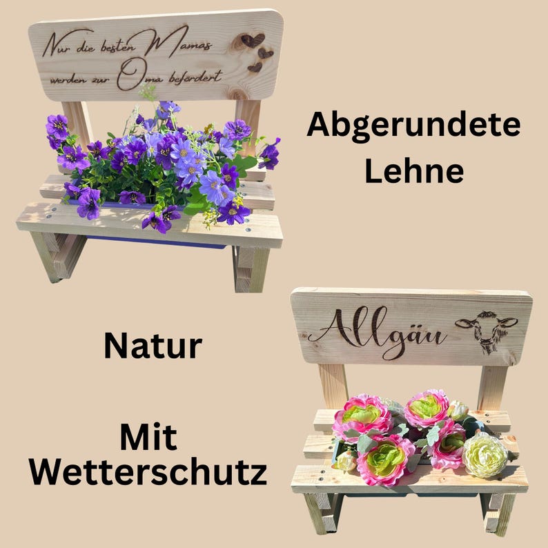 K&ouml;nnte beinhalten: Zwei kleine Holzb&auml;nke, eine mit lila Blumen und dem Text "Nur die besten Mamas werden zur Oma befordert", die andere mit rosa und gr&uuml;nen Blumen und dem Text "Allg&auml;u". Beide B&auml;nke haben eine nat&uuml;rliche Holzoberfl&auml;che.