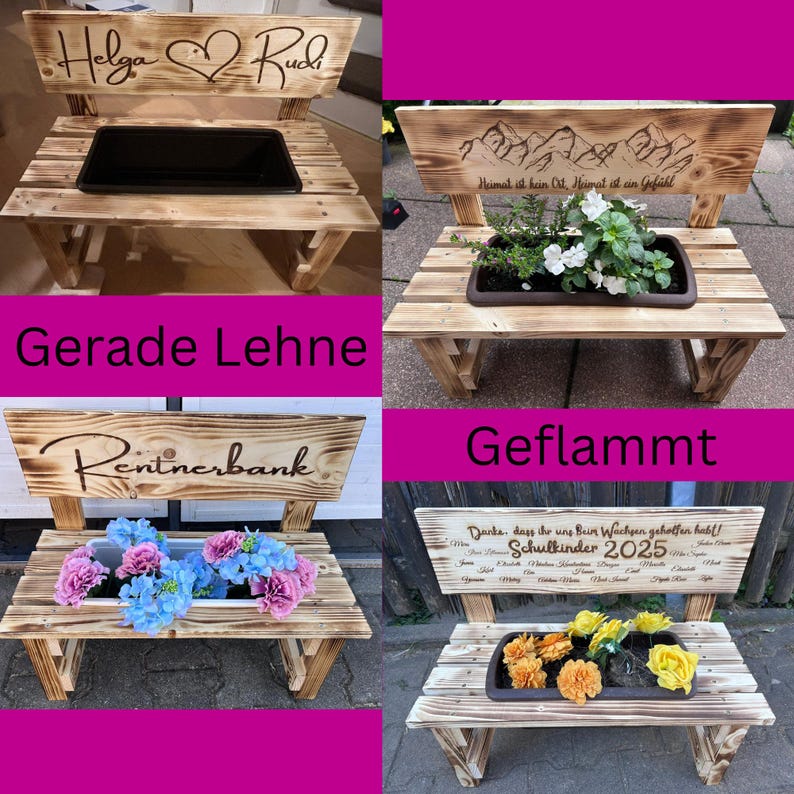 Personalisierte Holz-Blumenbank mit eingraviertem Namen, rustikale Pflanzbank für Garten oder Terrasse