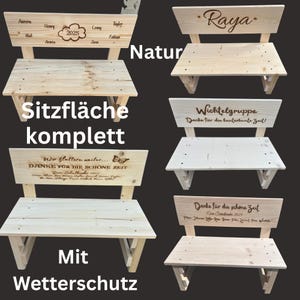 May include: Wooden benches with engraved backs. One bench has the name "Raya" engraved. Another bench has the text "Wichtelgruppe Danke f&uuml;r die bunterbunte Zeit!" engraved. Other benches have names and dates engraved.