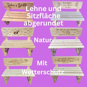 May include: Wooden benches with engraved backrests. The benches have a natural wood finish and are designed for outdoor use. Some benches have text and illustrations.