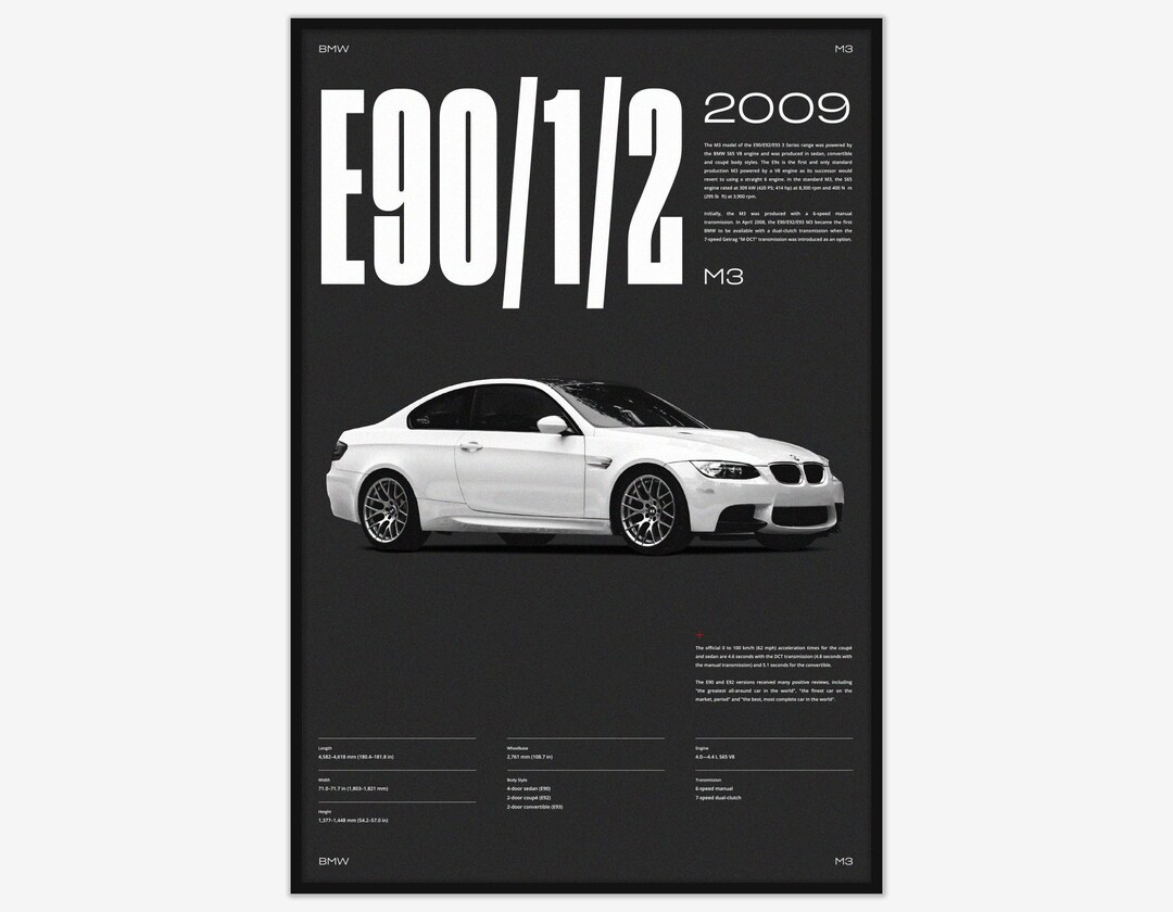 Bmw E90/1/3 M3 Wall Art, Bmw E90/1/3 M3 White Poster, E36, E46, E92 ...