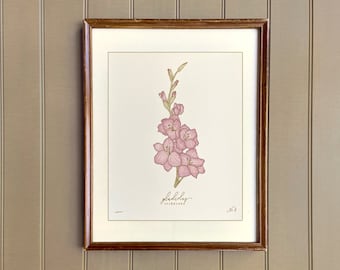 AUGUST birth flower art print | heirloom botanical wall art | hand drawn GLADIOLUS
