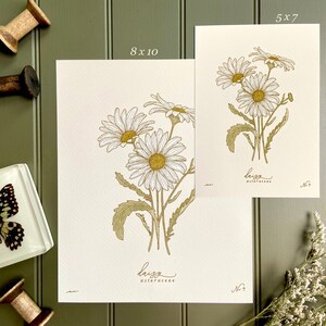 May include: Two prints of a botanical illustration of daisies, one in 8x10 inches and the other in 5x7 inches. The prints are on a cream-colored paper with a gold-colored illustration of daisies and the text "daisy asteraceae No. 7".