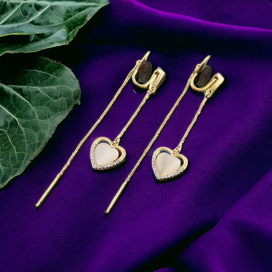 Delicate Gold Heart Threader Earrings - Stainless Steel Elegant Drop Earrings For Women