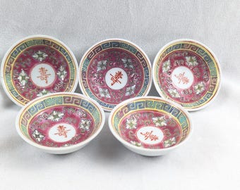 Set of 5 red Chinese soy sauce mini bowls in red Mun Shou Longevity hand painted