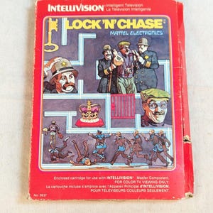 Cartucho de videogame Intellivision Lock 'N' Chase na caixa com manual e cartão