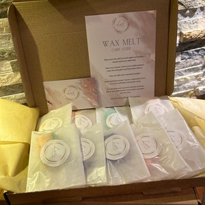 May include: A box of wax melts, individually packaged in clear plastic bags. The wax melts come in a variety of colours and are labelled with the word "Lysh". The box is brown and has a white label with the words "Wax Melt Care Guide".