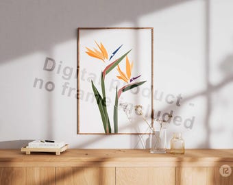 Arte mural de aves del paraíso / Estampado de flores de strelitzia / Decoración tropical para el hogar / Póster botánico geométrico minimalista / Descarga imprimible en PDF