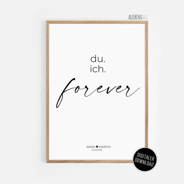 Poster DU ICH FOREVER personalisiert mit Namen und Datum, für Paare, zum Jahrestag, als Liebeserklärung, Valentinstag oder Hochzeit