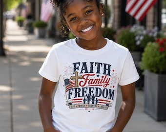 Faith Family Freedom Kids Tee | Christian Patriotic Independence Day Shirt