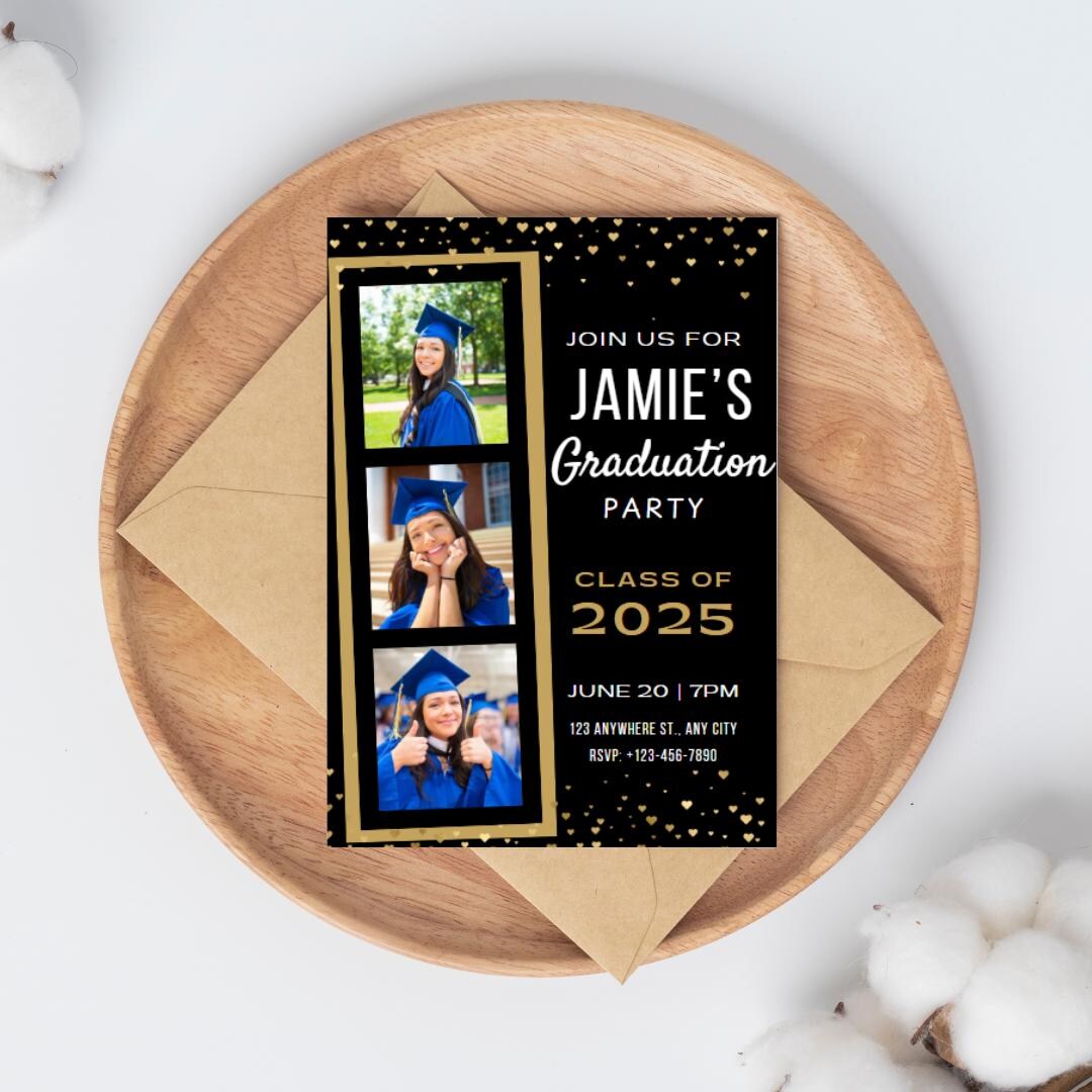 Black and Gold Graduation Invitation, Class of 2025, Editable Digital ...