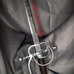 Può includere: Una spada a rapiere color argento con un'impugnatura marrone. La spada ha una guardia complessa ed è appoggiata su un tessuto grigio. Il testo "Raw 3D print only" è scritto in rosso sulla lama.
