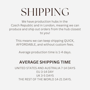 May include: Text graphic with the word "SHIPPING" in large, bold letters. The text explains that the company has production hubs in the Czech Republic and London, meaning they can ship orders quickly and affordably. The graphic also lists average production times and average shipping times to various locations, including the United States, Australia, the European Union, the United Kingdom, and the rest of the world.