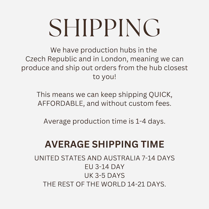 May include: Text graphic with the word "SHIPPING" in large, bold letters. The text explains that the company has production hubs in the Czech Republic and London, meaning they can ship orders quickly and affordably. The graphic also lists average production times and average shipping times to various locations, including the United States, Australia, the European Union, the United Kingdom, and the rest of the world.