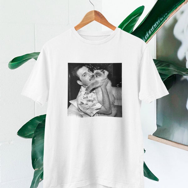 Freddie Mercury en zijn kattenfotot-shirt | Freddie Mercury fotobovenkant | Freddie Mercury fans cadeau | Koningin fans t-shirt | Freddie Mercury shirt