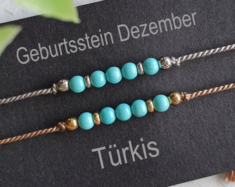 Geburtsstein Dezember Armband Talisman mit natürlichen Türkis Steinen auf Seidenkordel Glücksbringer Energiearmband Kraftarmband zart filigr