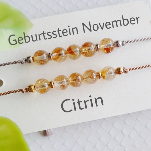 Geburtsstein November Armband mit natürlichen klar geschliffenen Citrin Kugeln auf Seidenband Talisman Glücksbringer Lebenslust Erfolg zart