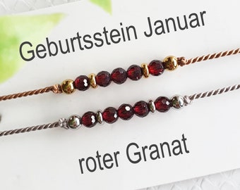 Geburtsstein Januar Armband Naturstein Granat facettiert Talisman Glücksbringer Energiearmband Wunscharmband Seidenband zart fein filigran