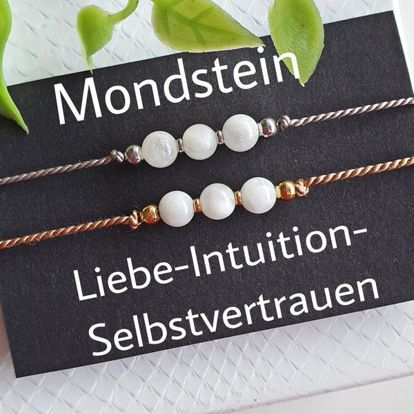 Mondstein Fußkette Edelstein Naturstein Energie Fußkettchen Glücksbringer Talisman Yoga Fußschmuck Seidenband 3 Kugeln zart filigran