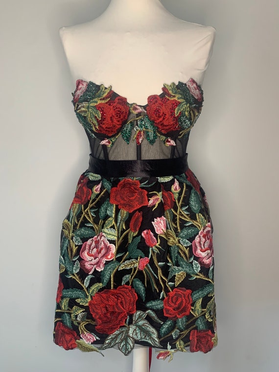 red corset dress with roses Lace & Beads - Tulle Corset Midi Dress - Women - Polyester - 2 US