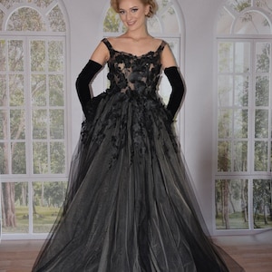 SAMPLE SALE Black Wedding Dress | Gothic Corset Tulle Gown M/L | Worn Once | One-of-a-Kind | No Gloves Included