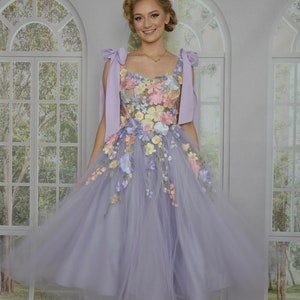 Lavender romantic tulle Dress, pastel shades 3d flower corset top, mini, midi, maxi, XS-5XL