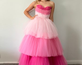 Tulle corset dress in three shades of pink, long, decorated with crystals, sizes XS-XXL